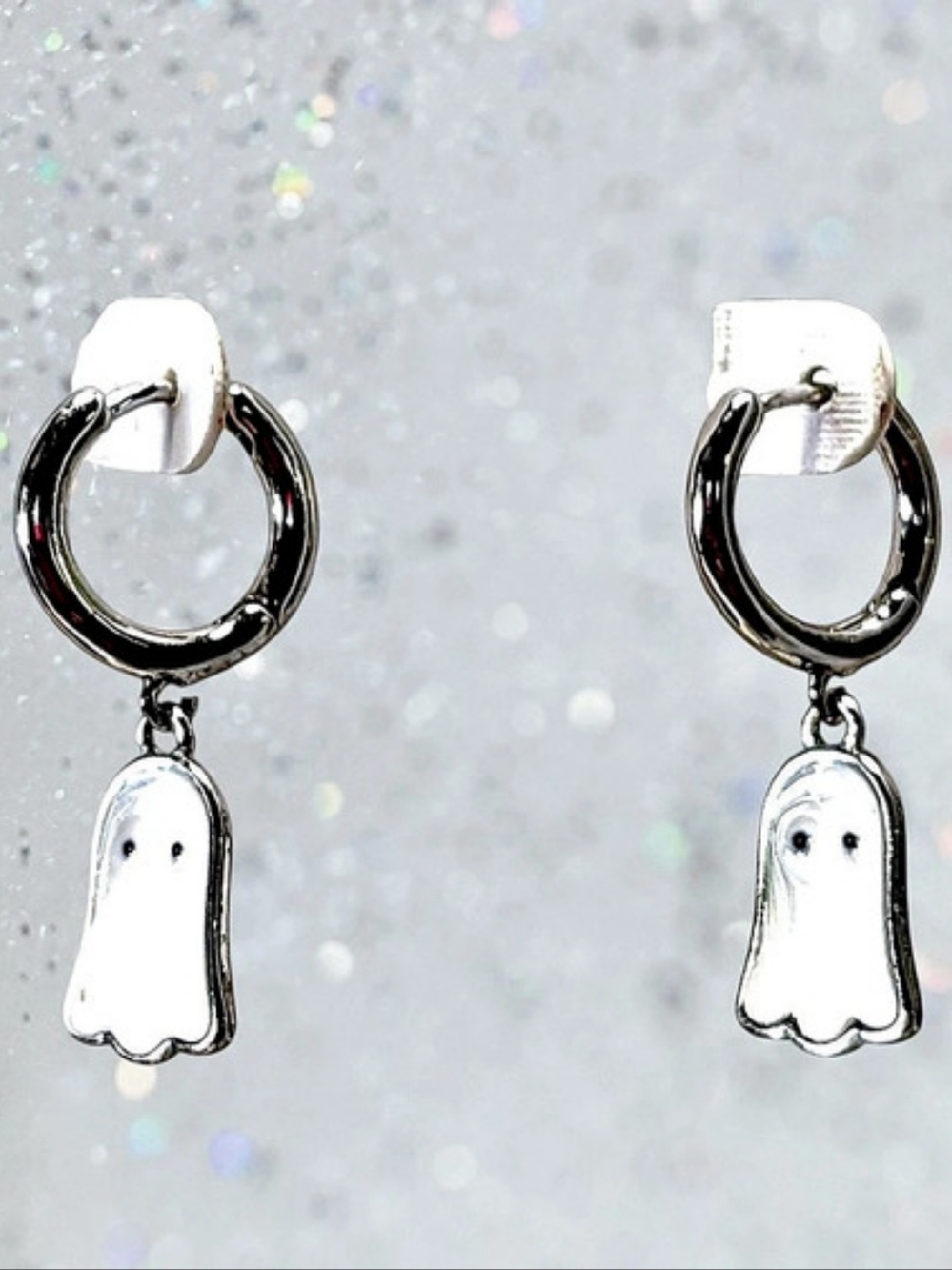 Nickel & Suede Ghost Charm Hoop Earrings in Silver